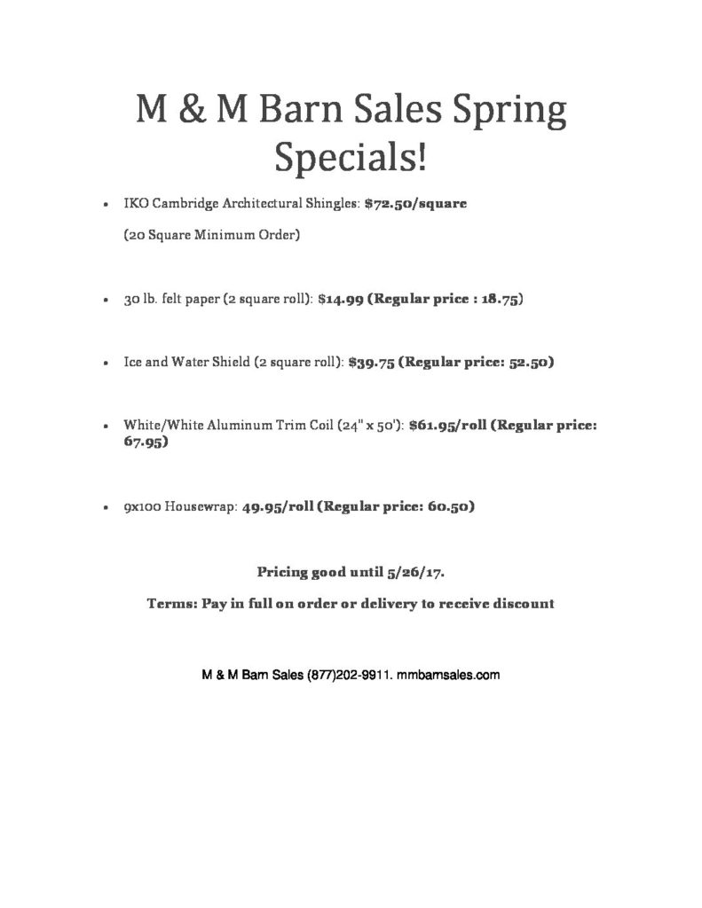 Spring Specials M&M Barn Sales